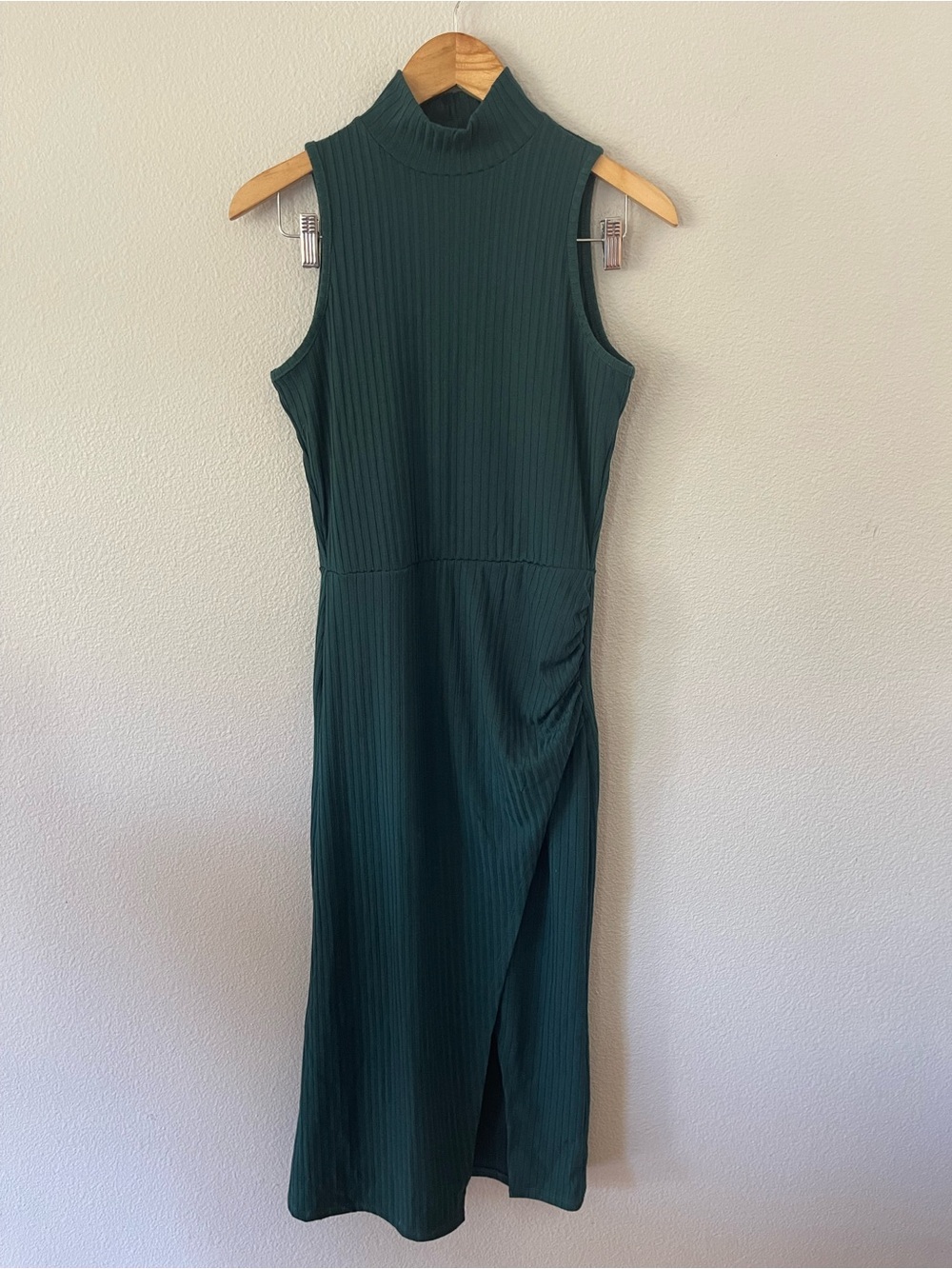 Mi Ami Dark Forest Green Ribbed Knit Midi Dress Side-Ruching Overlap leg Slit M